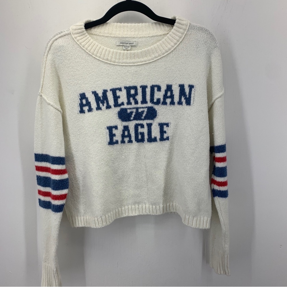 American eagle womens XS easy crew neck sweater boxy large spell out stripes